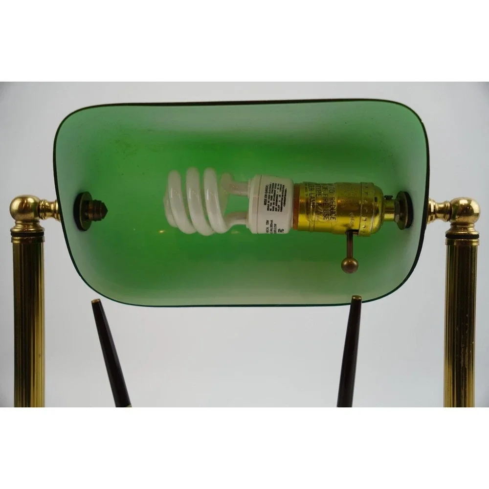 Vintage Bankers Lamp Green Glass Shade Marble Base Dual Pen Holder Desk‎ Light